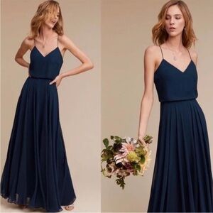 Jenny Yoo Inesse V Neck Navy Blue Chiffon Maxi Dress